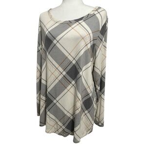 MAURICES Women’s 24/7 Plaid Pattern Long Sleeve Knit Tee Top Size 0X Cream, Grey